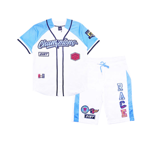 SWITCH MENS CHAMPIONS RACE MOTOR SPORT JERSEY/SHORTS SET (WHITE/BLUE)