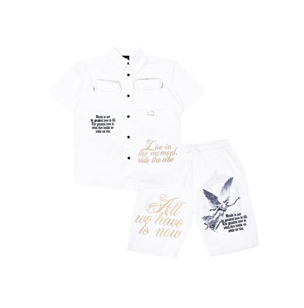 SWITCH MENS WOVEN LIVE IN THE MOMENT SHORT SLEEVE SHIRT/SHORTS SET (WHITE)