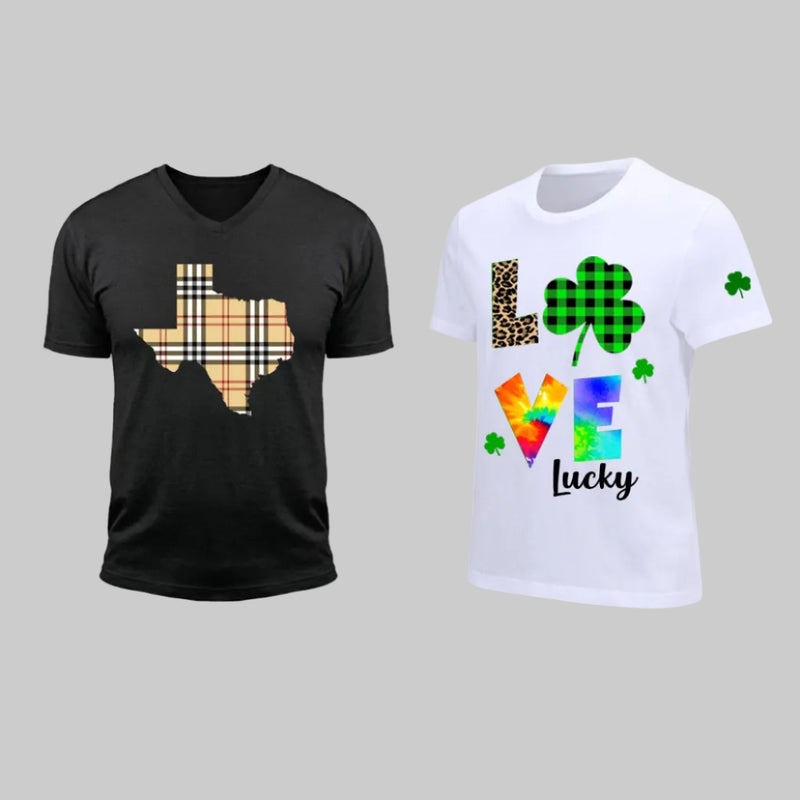 Two t-shirts, one black with a plaid Texas map design and the other white with rainbow 'LOVE' and shamrock design.