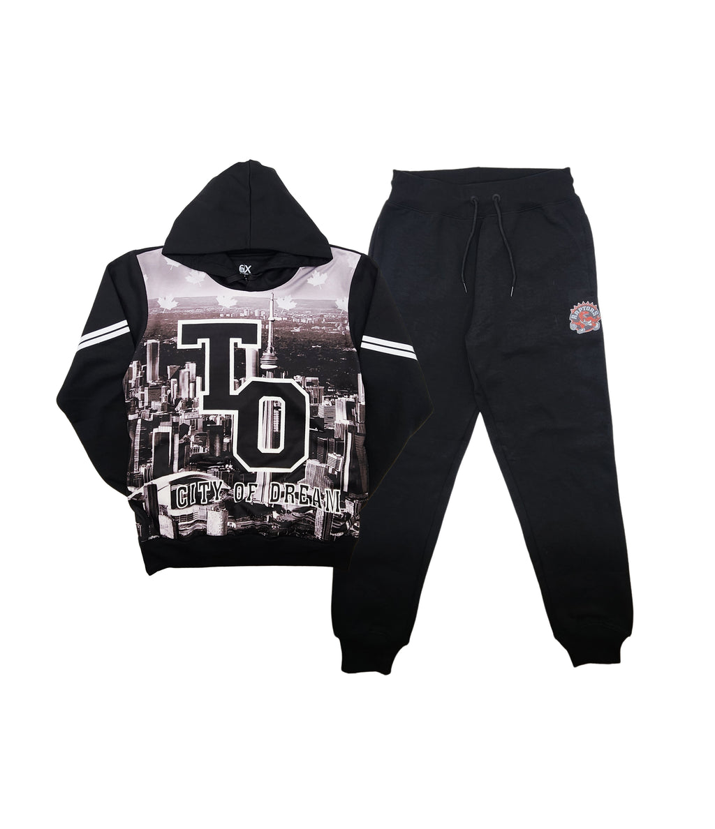 CITY OF DREAMS ALL-OVER PRINT MEN'S FLEECE BIG & TALL TRACKSET (BLACK)