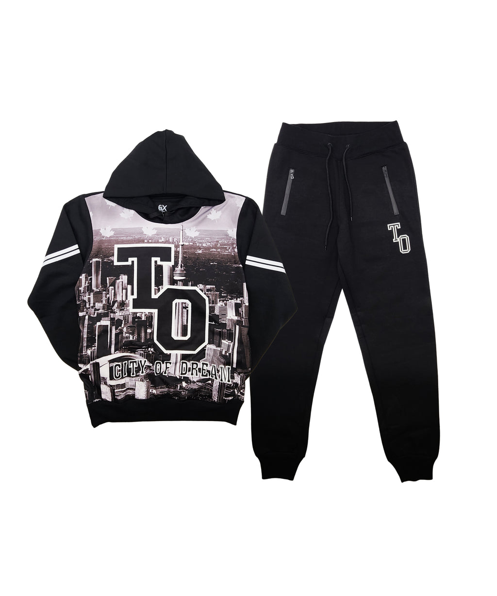 CITY OF DREAMS ALL-OVER PRINT MEN'S FLEECE TRACKSET (BLACK)