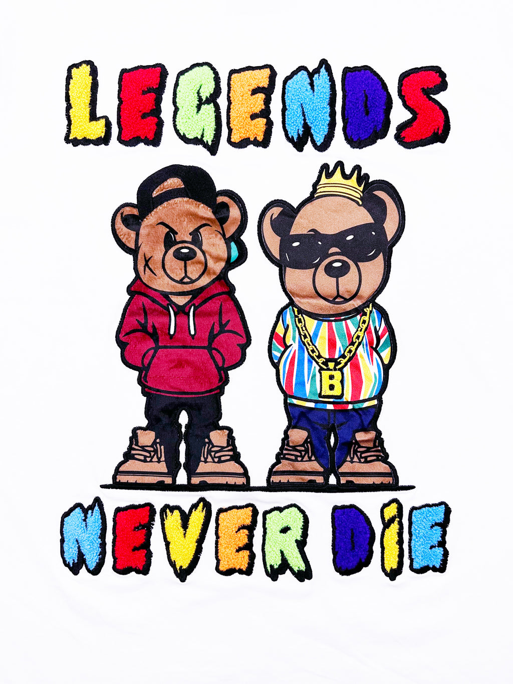 LEGENDS NEVER DIE CHENILLE & APPLIQUE GRAPHIC T-SHIRT (WHITE)