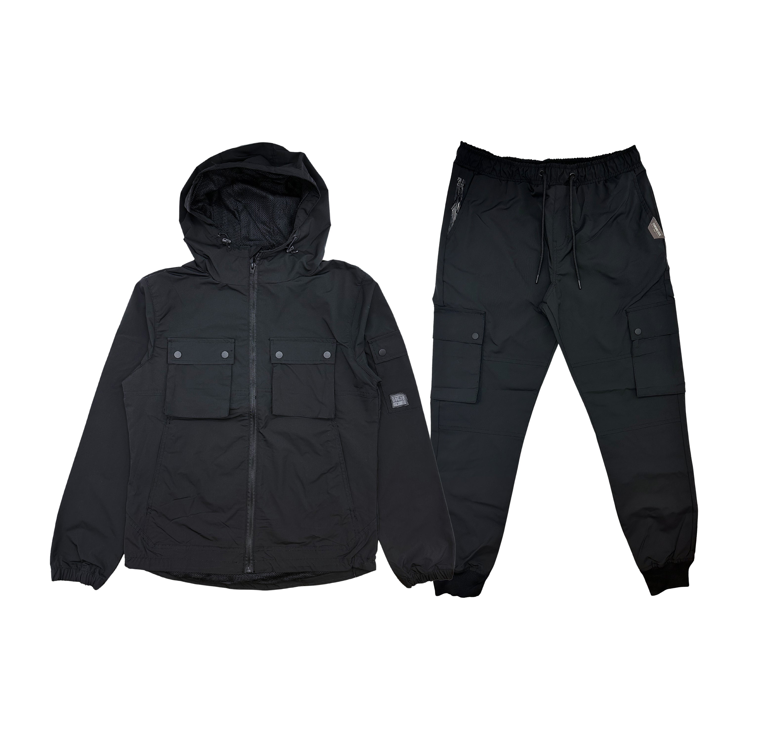 SOUTHPOLE ESSENTIALS HOODED WINDBREAKER JACKET & CARGO JOGGER SET (BLACK)