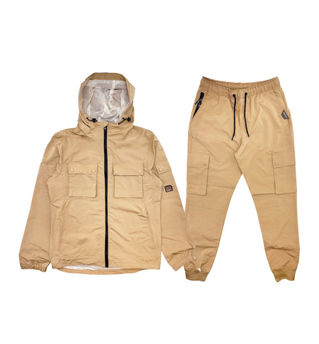 SOUTHPOLE ESSENTIALS HOODED WINDBREAKER JACKET & CARGO JOGGER SET (SAND)