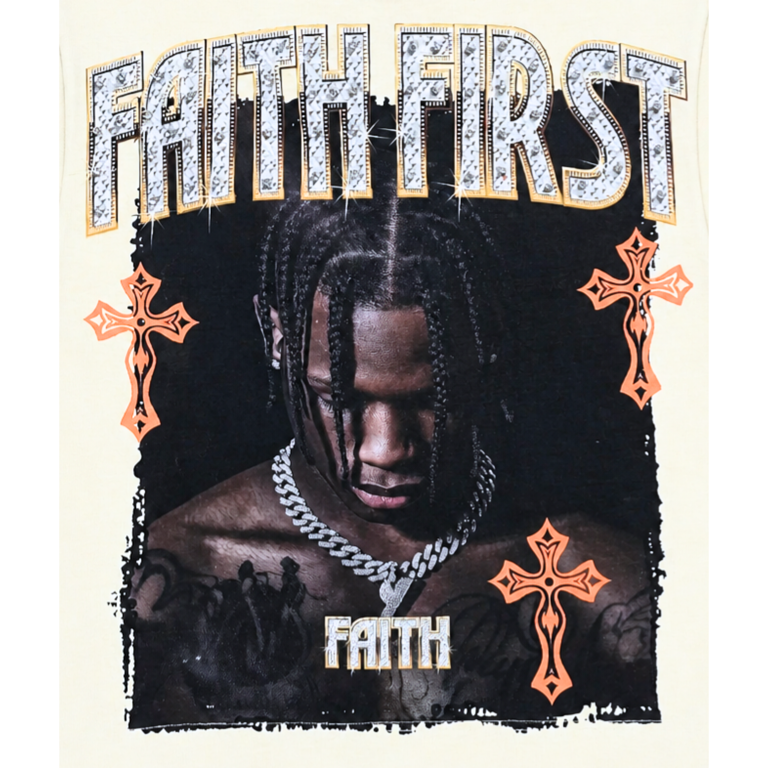 SWITCH MEN'S FAITH FIRST, FAITH NEVER FAILS RHINESTONE GRAPHIC DESIGN DROP SHOULDER T-SHIRT (CREAM WHITE)