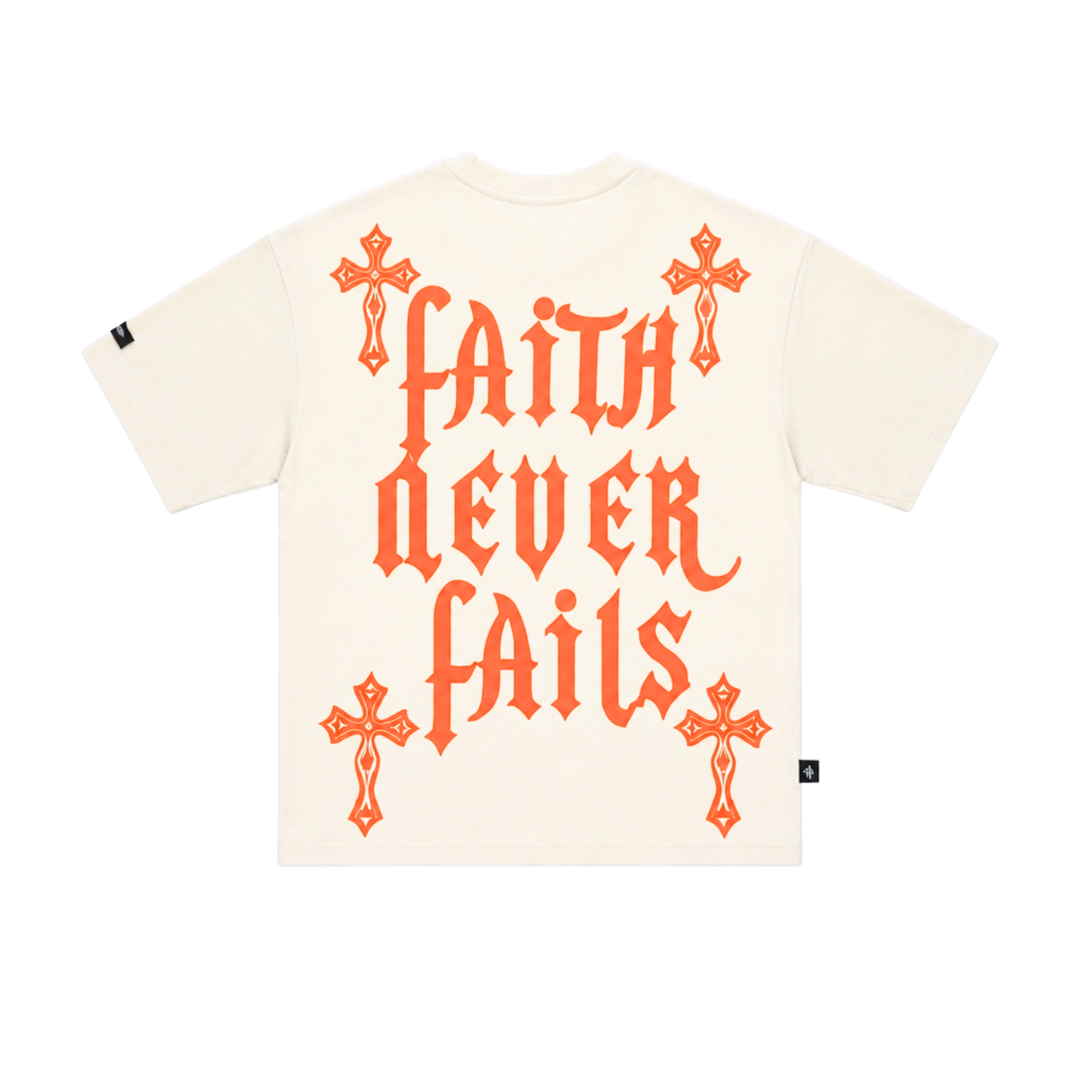 SWITCH MEN'S FAITH FIRST, FAITH NEVER FAILS RHINESTONE GRAPHIC DESIGN DROP SHOULDER T-SHIRT (CREAM WHITE)
