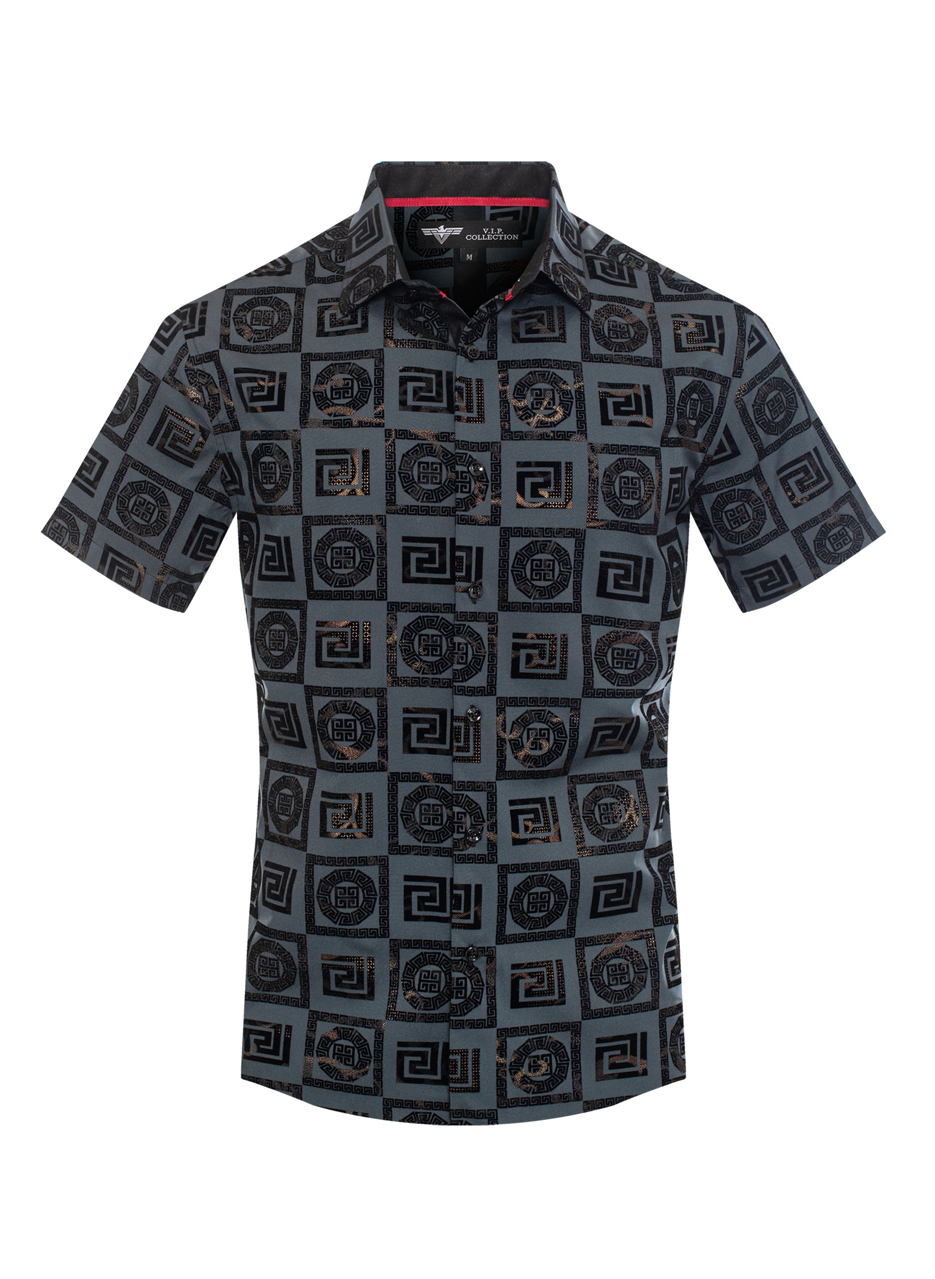 V.I.P. COLLECTION MEN'S FASHION FLOCK BUTTON-UP SHORT SLEEVES SHIRT (GREY VFLSS-33)