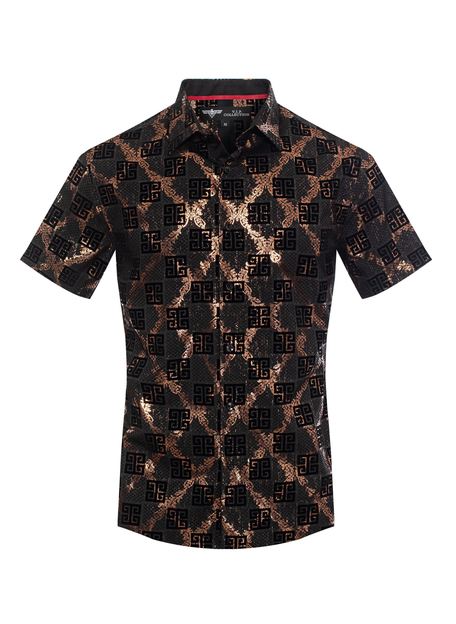 V.I.P. COLLECTION MEN'S FASHION FLOCK BUTTON-UP SHORT SLEEVES SHIRT (BLACK/GOLD VFLSS-40)