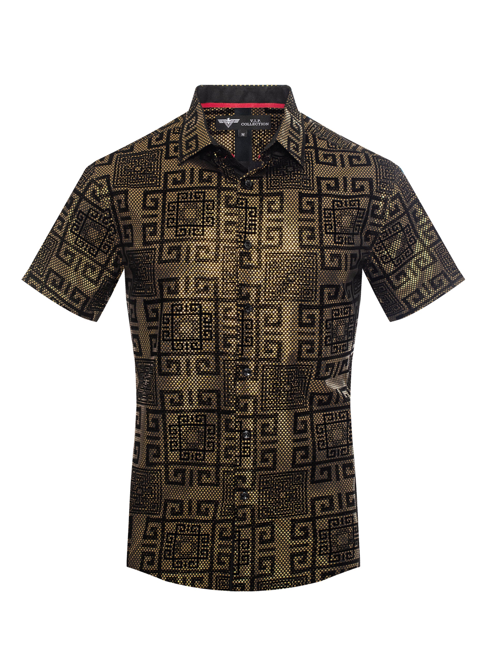 V.I.P. COLLECTION MEN'S FASHION FLOCK BUTTON-UP SHORT SLEEVES SHIRT (GOLD/BLACK VFLSS-58)