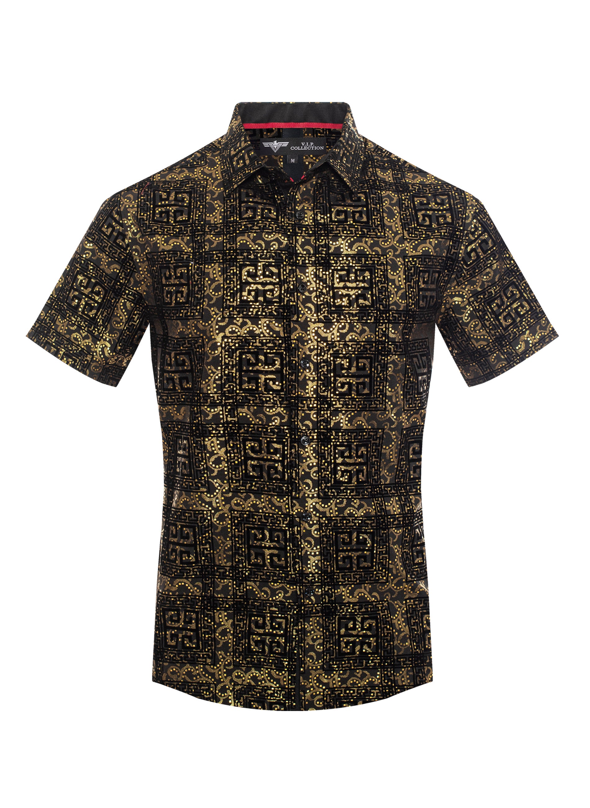 V.I.P. COLLECTION MEN'S FASHION FLOCK BUTTON-UP SHORT SLEEVES SHIRT (BLACK/GOLD VFLSS-68)