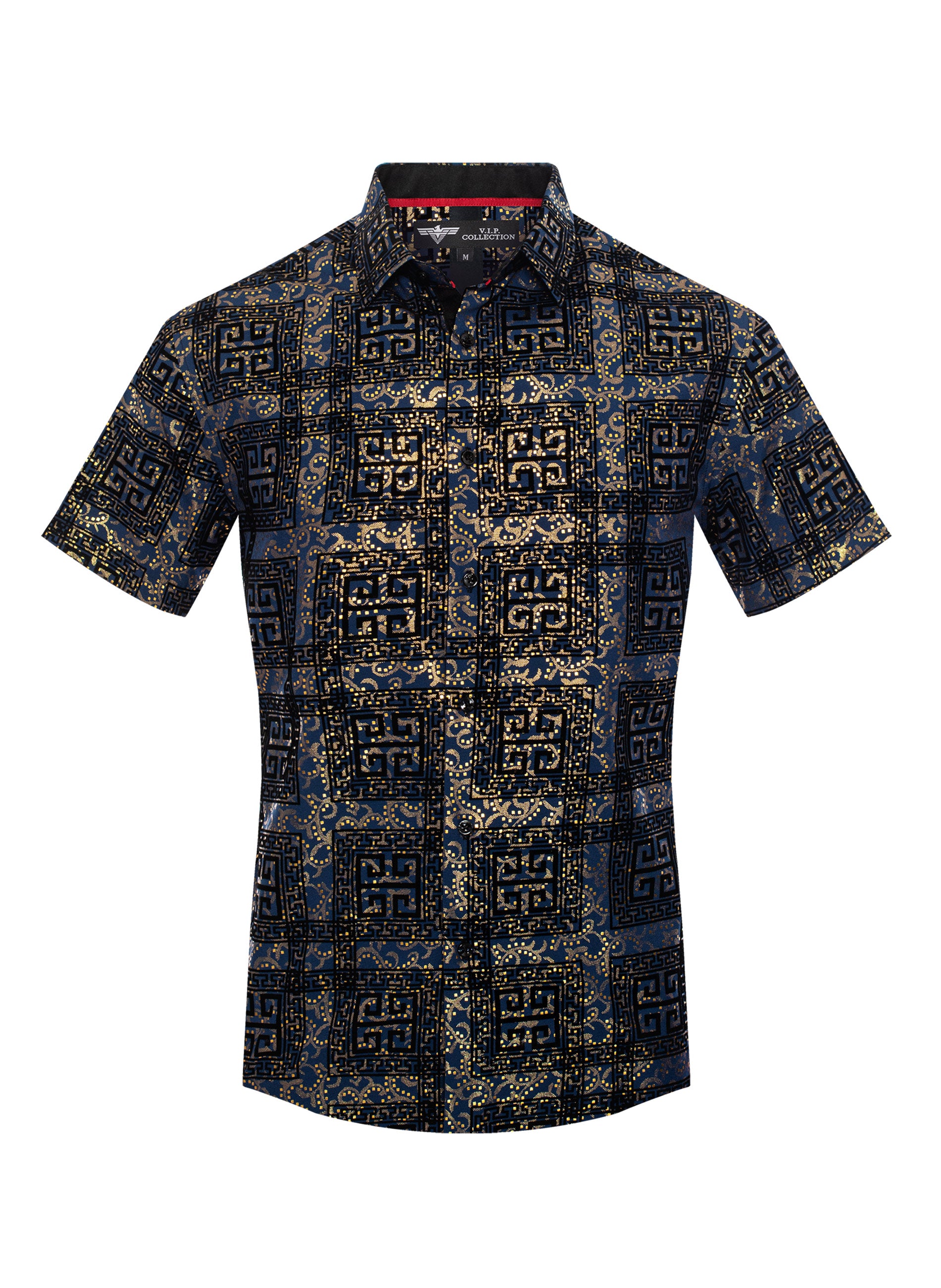 V.I.P. COLLECTION MEN'S FASHION FLOCK BUTTON-UP SHORT SLEEVES SHIRT (NAVY BLUE/GOLD VFLSS-69)