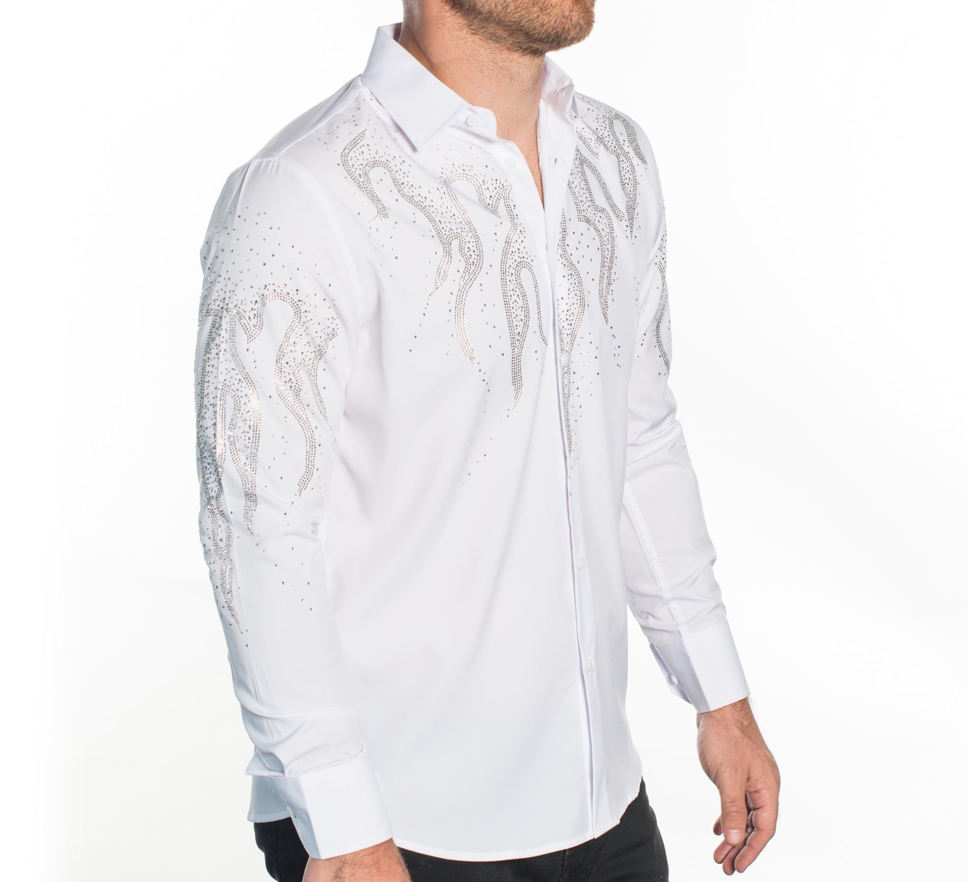 V.I.P. COLLECTION MEN'S RHINESTONE & EMBROIDERY BUTTON-UP LONG SLEEVES SHIRT (WHITE VWSF-6)