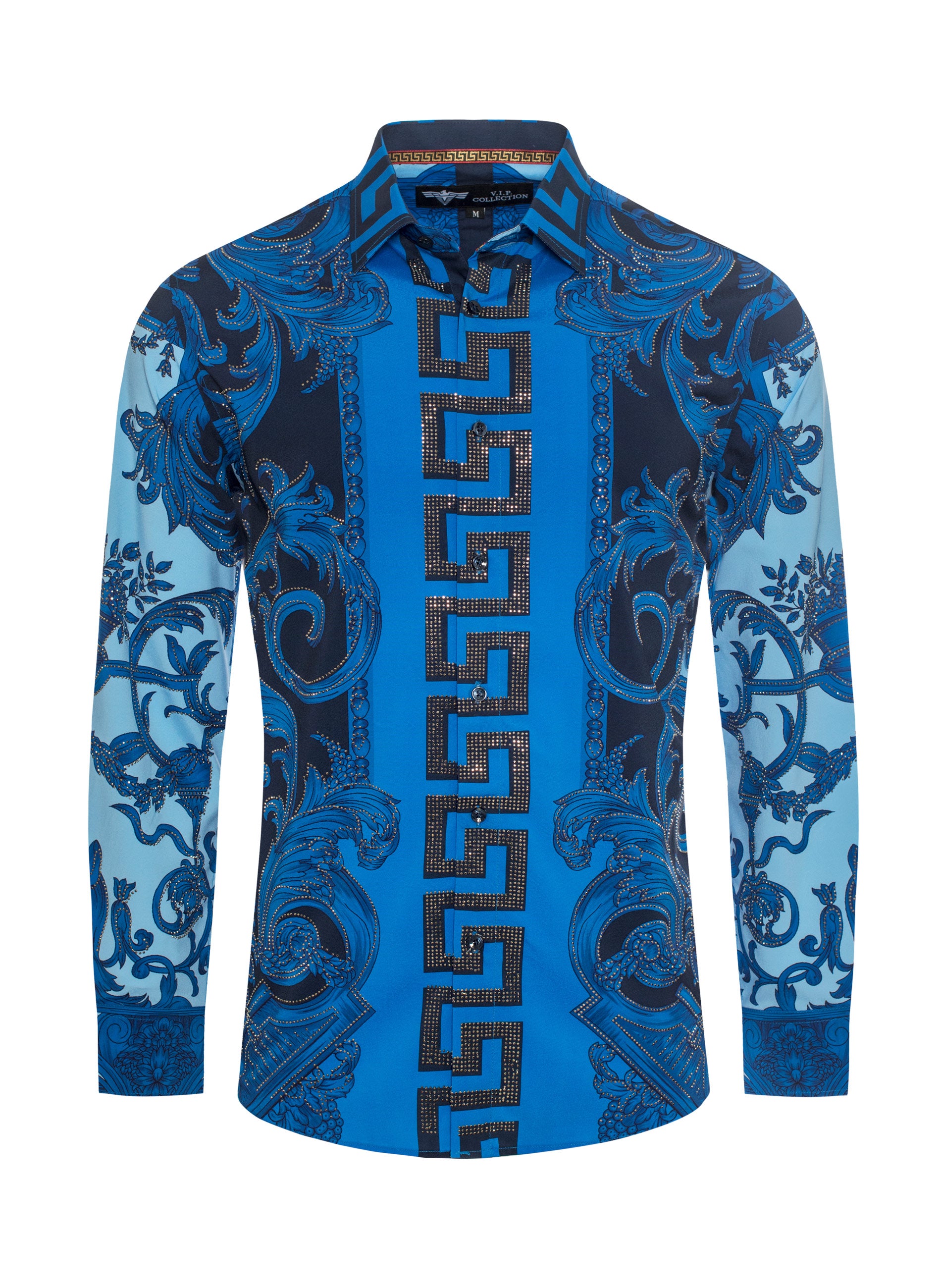 V.I.P. COLLECTION MEN'S RHINESTONE BUTTON-UP LONG SLEEVES SHIRT (ROYAL/BLACK VWSL-2)