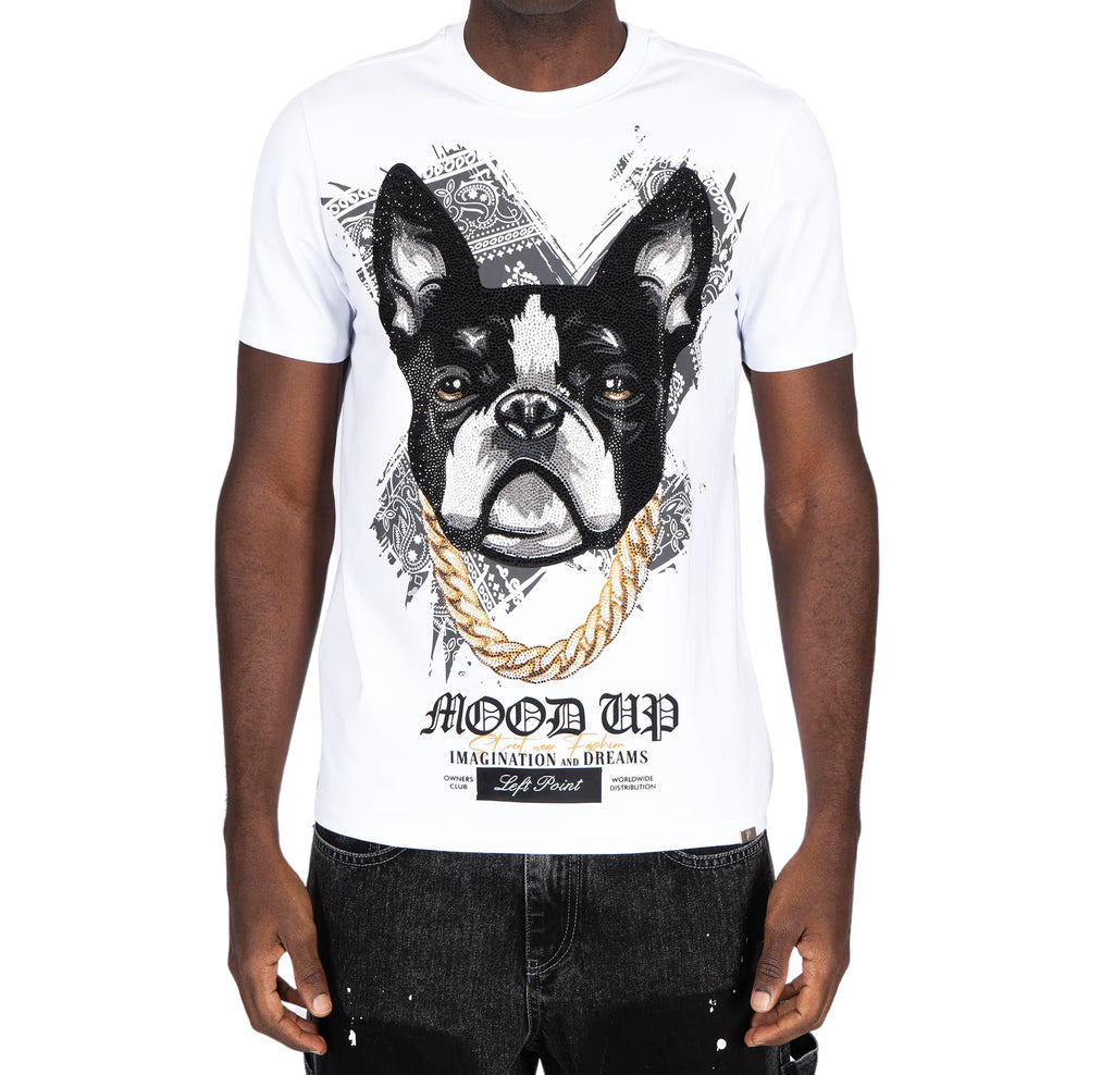 LEFT POINT MEN'S RHINESTONE DESIGN DOG POINT T-SHIRT (WHITE)