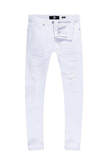 JORDAN CRAIG MEN'S RIPPED SLIM TAPERED FIT JEANS (WHITE)