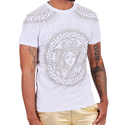 BARABAS MEN'S RHINESTONE SHORT SLEEVE T-SHIRT (WHITE/GOLD)