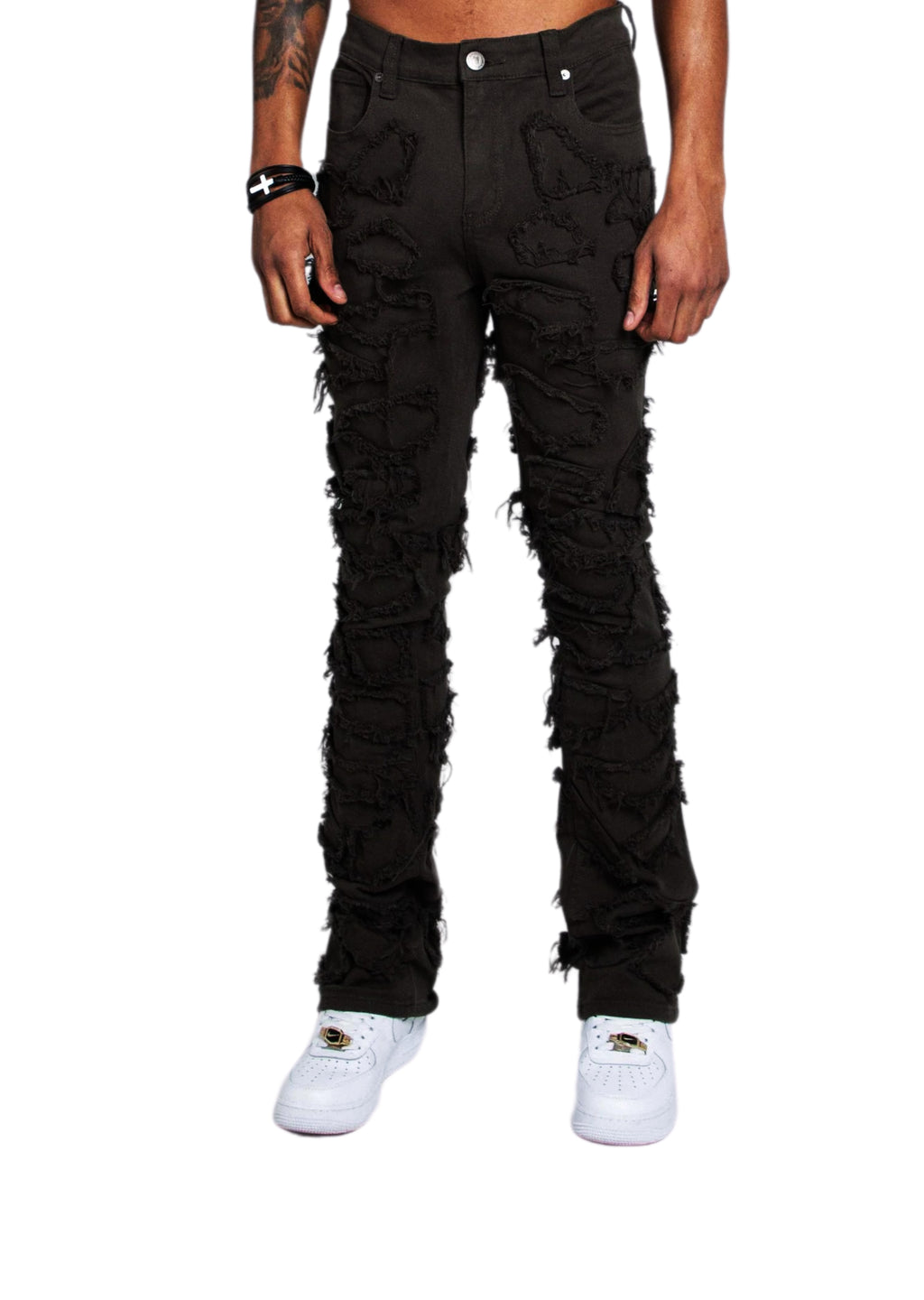 ARMOR JEANS MEN'S STONE PATCHES MID-RISE STACKED JEANS (JET BLACK)