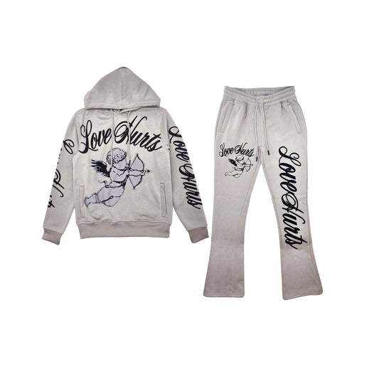 PJ MARK BLEECKER & MERCER MEN'S 2PIECE RHINESTONE LOVE HURTS GRAPHIC OYESTER GREY PULLOVER & STACKED PANTS SET