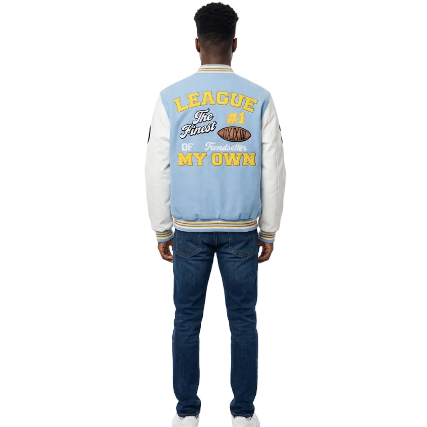 BLEECKER & MERCER MEN'S MIXED FABRIC EMBROIDERED VARSITY JACKET W/ PATCHES (SKY BLUE)