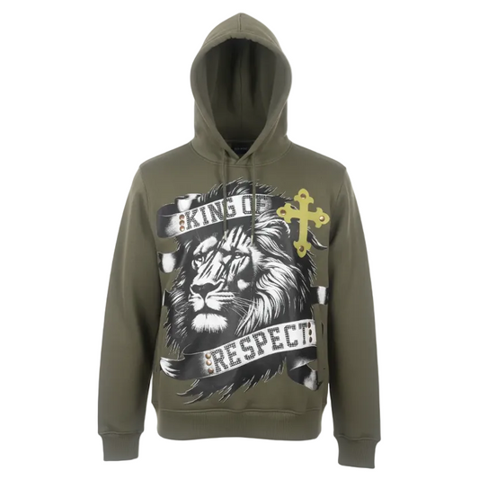 SWITCH REMARKABLE MEN'S RHINESTONE KING OF RESPECT, LION GRAPHIC HOODIE (OLIVE GREEN)
