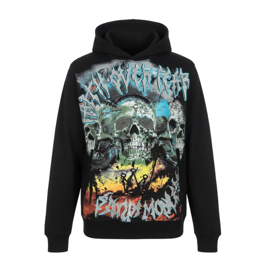 PJ MARK BLEECKER & MERCER MEN'S RHINESTONE FAITH OVER FEAR, SKULL GRAPHIC BLACK HOODIE