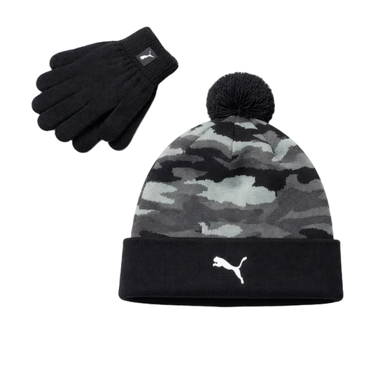 PUMA YOUTH KIDS BLACK & GREY CAMO TOUQUE & GLOVES SET