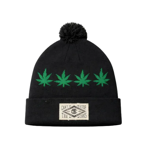 CROOKS & CASTLES GREEN CANNABIS LOGO BLACK KNIT TOUQUE