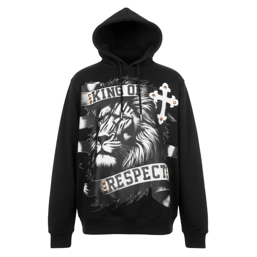 SWITCH REMARKABLE MEN'S RHINESTONE KING OF RESPECT, LION GRAPHIC HOODIE (BLACK)