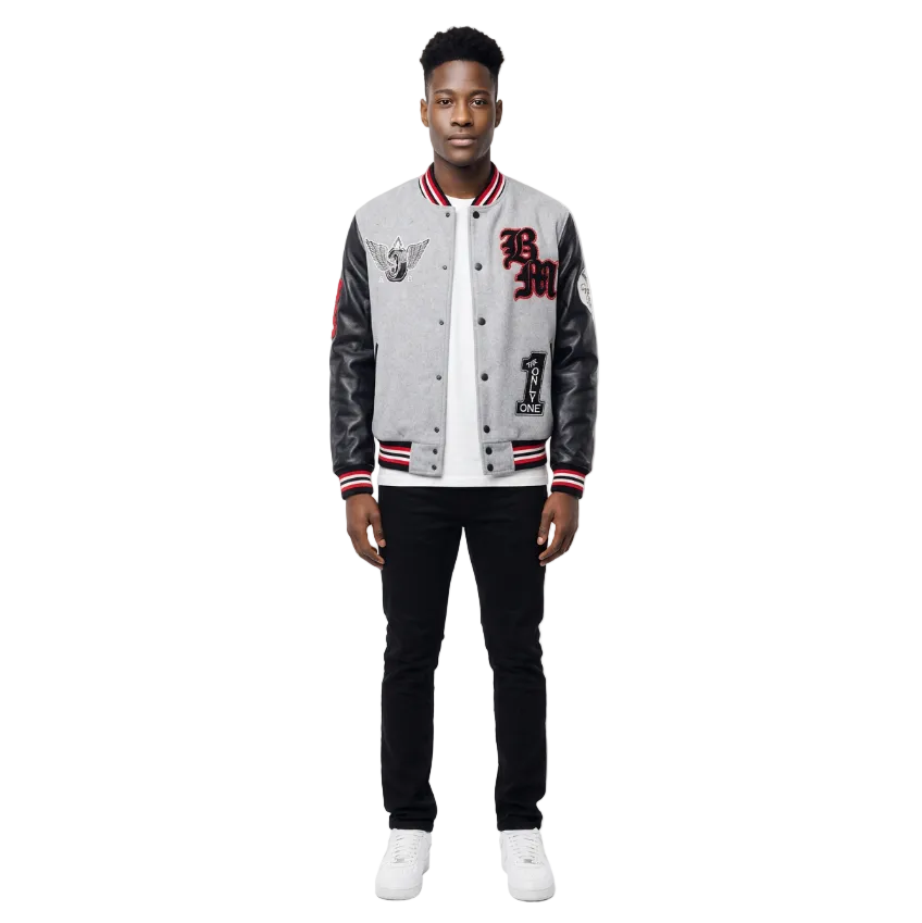 BLEECKER & MERCER MEN'S MIXED FABRIC EMBROIDERED VARSITY JACKET W/ PATCHES (HEATHER GREY)