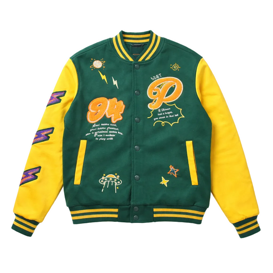 BLEECKER & MERCER MEN'S MIXED FABRIC EMBROIDERED VARSITY JACKET W/ PATCHES (GREEN)