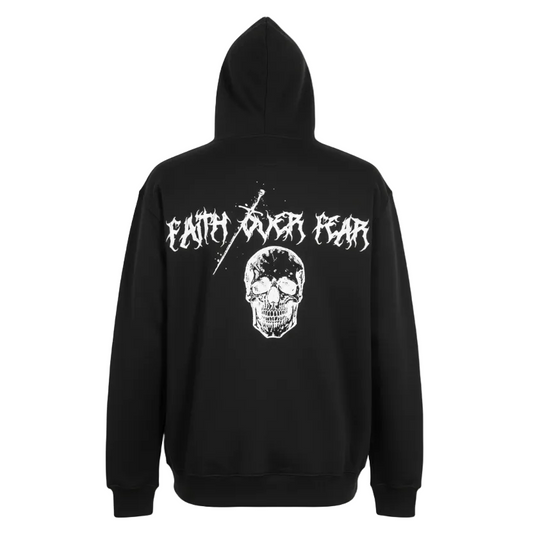 PJ MARK BLEECKER & MERCER MEN'S RHINESTONE FAITH OVER FEAR, SKULL GRAPHIC BLACK HOODIE