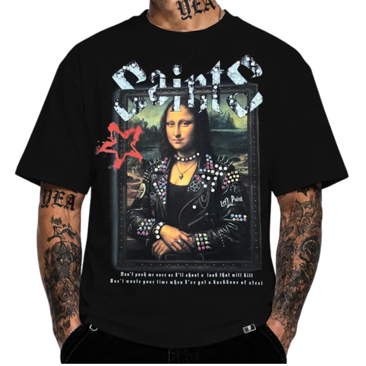 LEFT POINT MEN'S RHINESTONE DESIGN SAINTS BLACK T-SHIRT