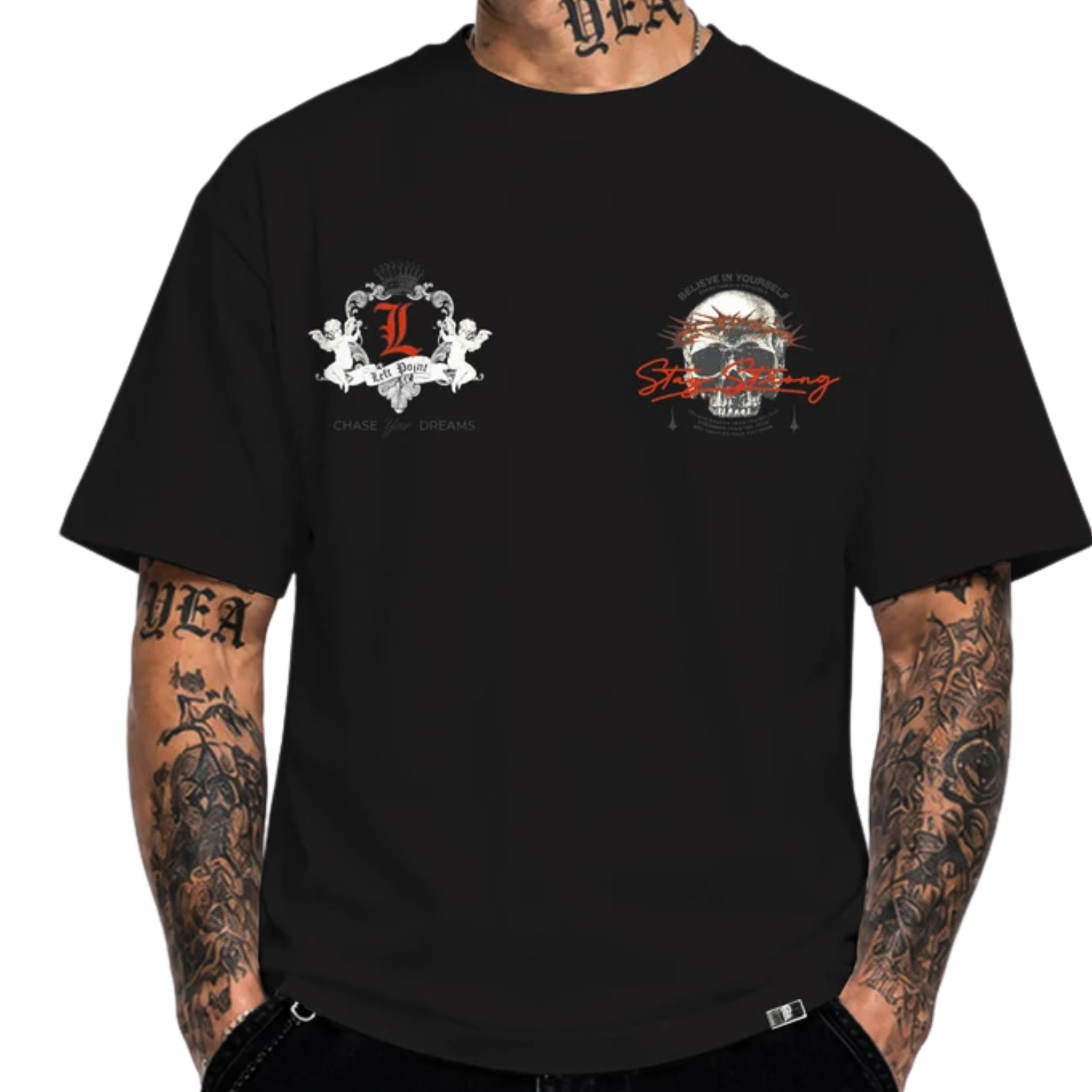 LEFT POINT MEN'S RHINESTONE DESIGN STAY STRONG BLACK T-SHIRT