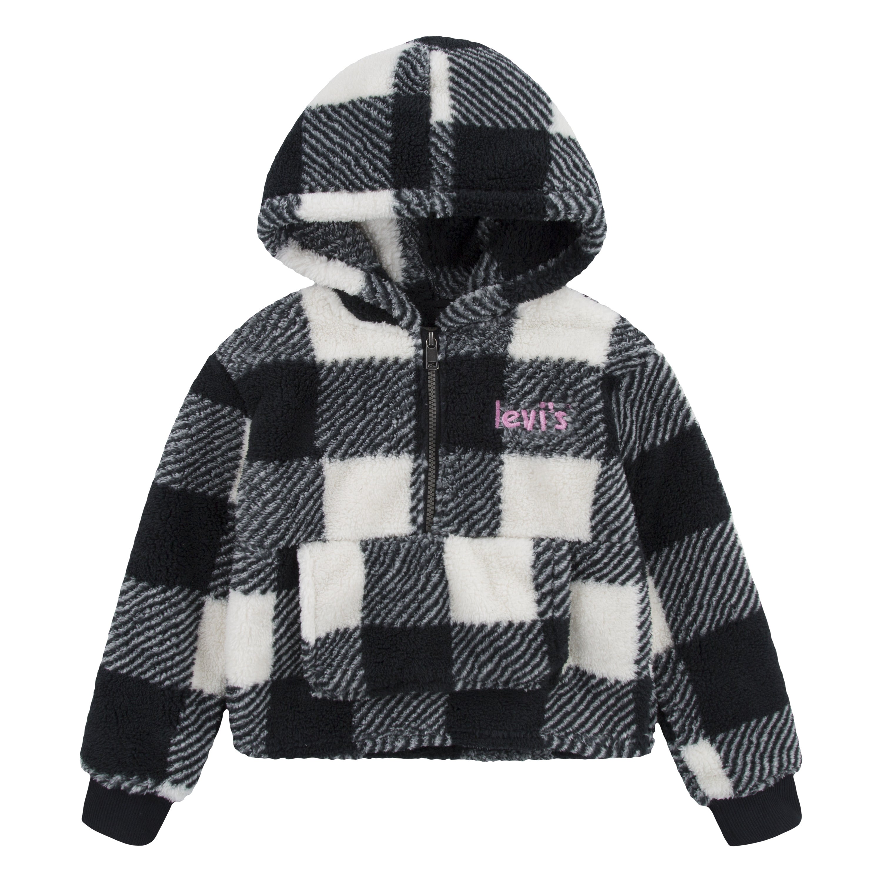 LEVI'S KIDS SHERPA HALF ZIP HOODIE (BLACK/WHITE SIZE 4-6X)