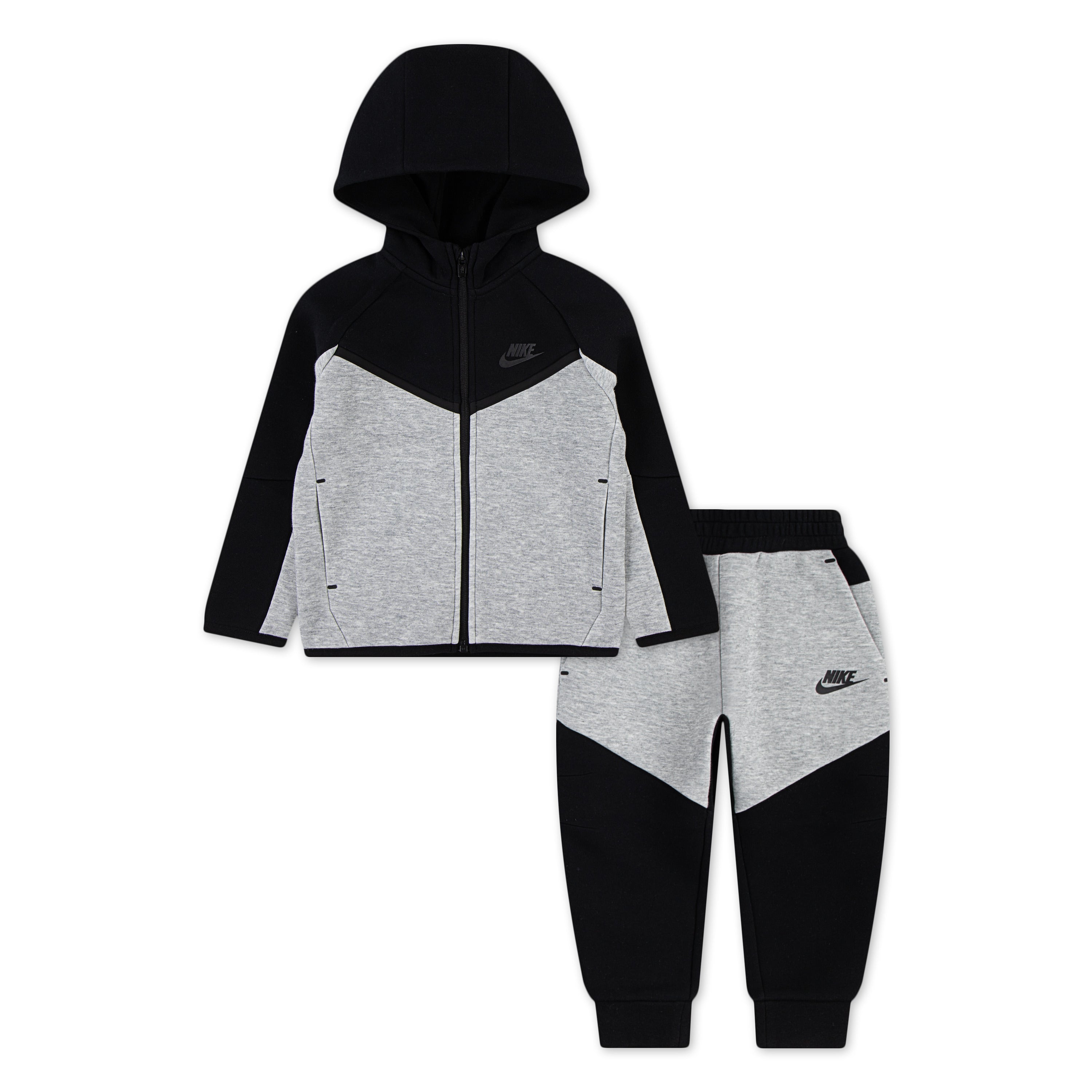 NIKE SPORTSWEAR TODDLERS' TECH FLEECE FULL ZIP BLACK & GREY HOODIE & JOGGER SET (SIZE 2T-4T)