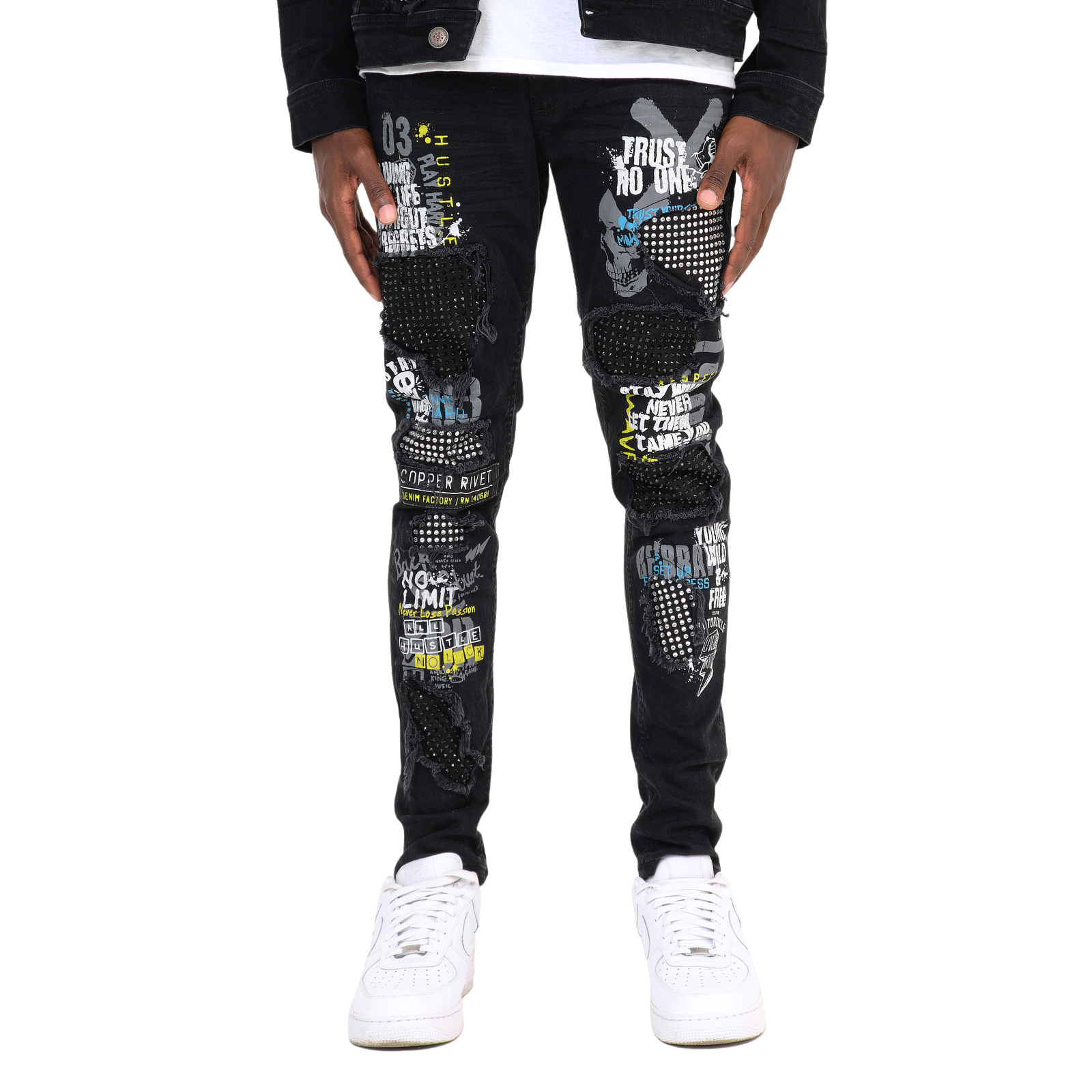 MEN'S COPPER RIVET SLIM FIT STONE REPAIR PATCH DENIM JEANS (BLACK)