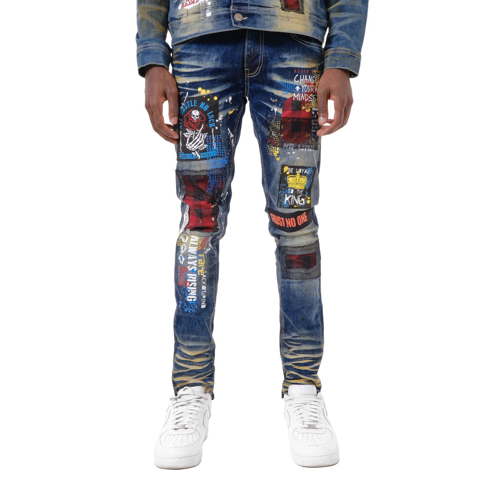 MEN'S COPPER RIVET SLIM FIT RIP & REPAIR WITH FLANNEL PATCH DENIM JEANS (DARK BLUE)