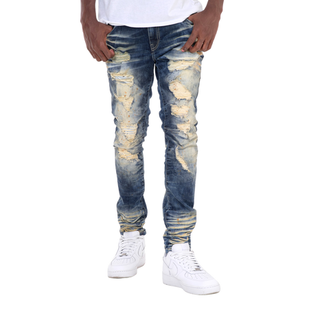 MEN'S COPPER RIVET SLIM FIT RIPPED DENIM JEANS (BLUE)