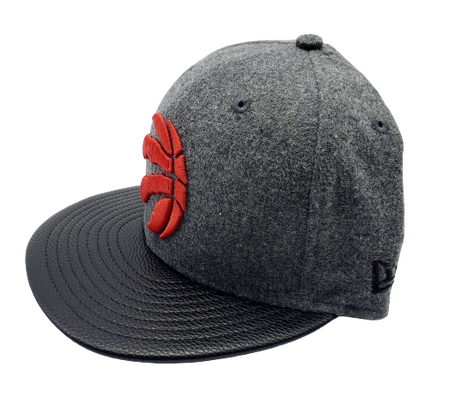 MEN'S 5950 TORONTO RAPTORS RED ON GREY WITH BLACK LEATHER BRIM FITTED HAT