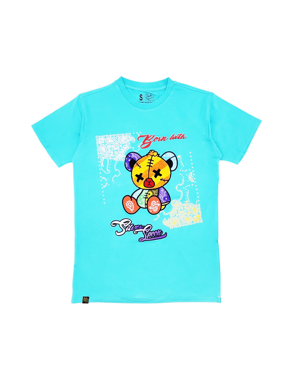 BANDANNA BEAR GRAPHIC CHENILLE PATCHED T-SHIRT (AQUA)