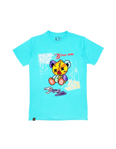 BANDANNA BEAR GRAPHIC CHENILLE PATCHED T-SHIRT (AQUA)