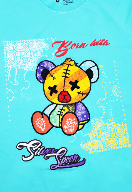 BANDANNA BEAR GRAPHIC CHENILLE PATCHED T-SHIRT (AQUA)