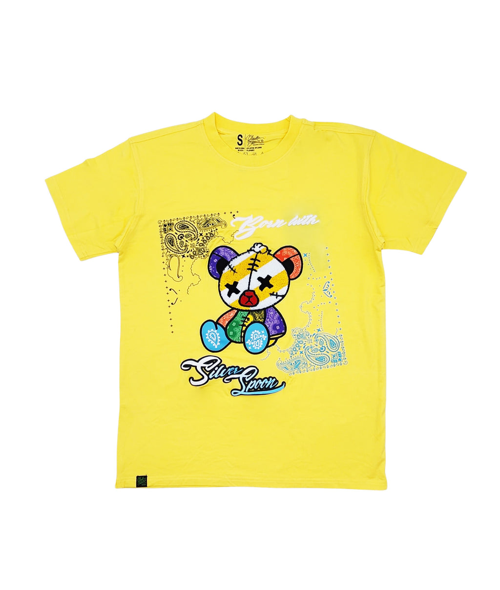 BANDANNA BEAR GRAPHIC CHENILLE PATCHED T-SHIRT (YELLOW)