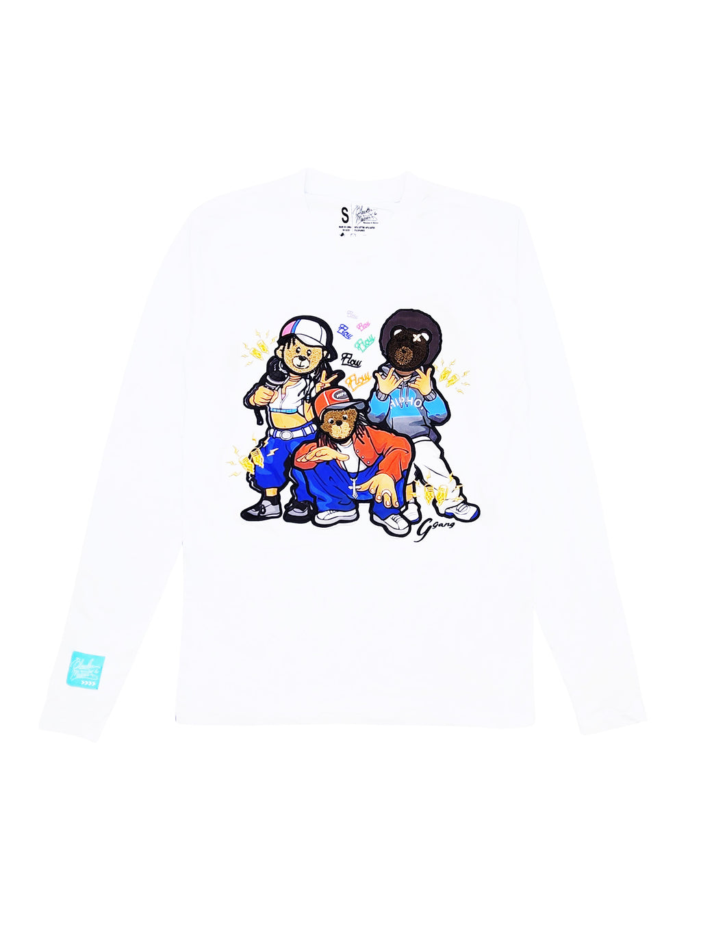 FLOW BEAR CREW DESIGN GRAPHIC LONG SLEEVE T-SHIRT (WHITE)