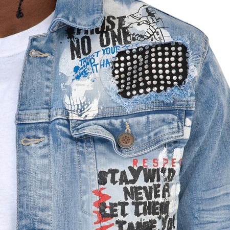 MEN'S COPPER RIVET STONE REPAIR PATCH DENIM JACKET (BLUE)