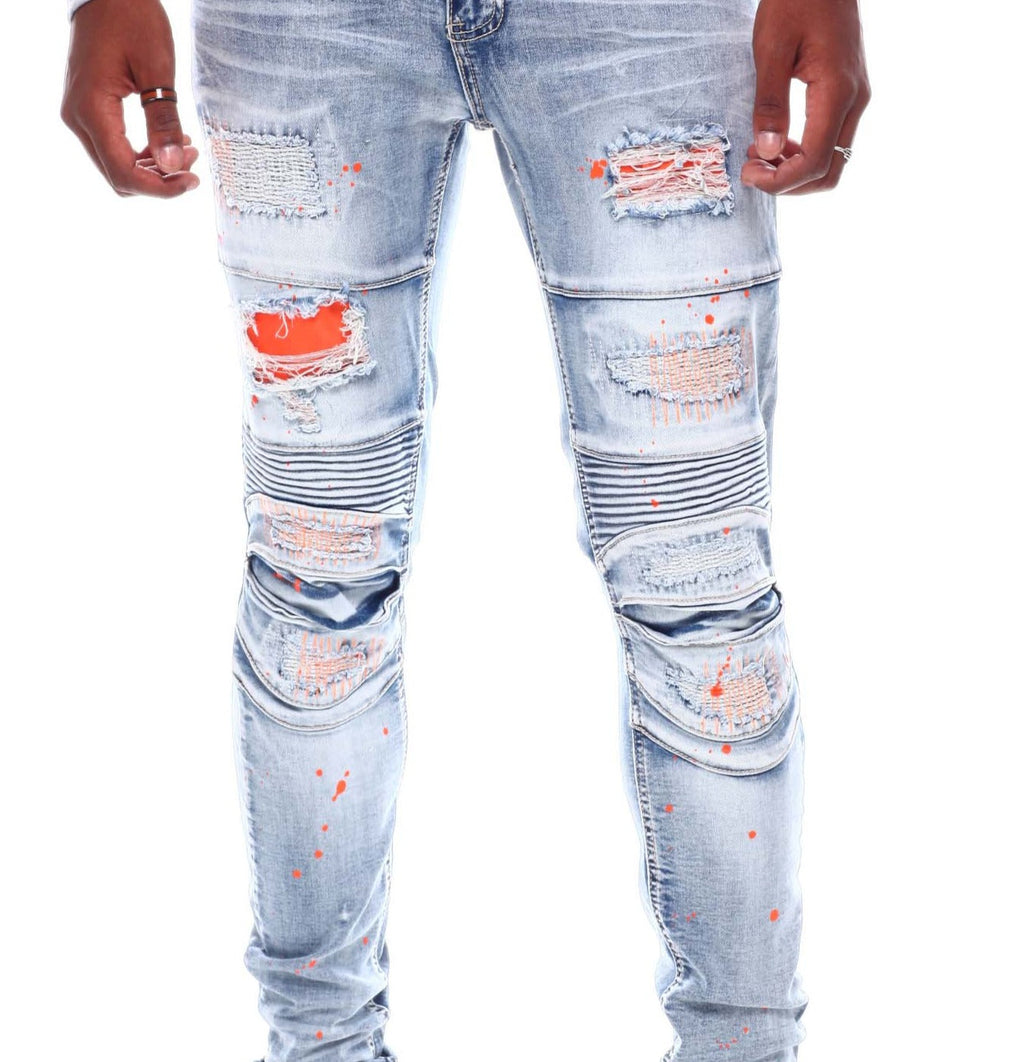 PAINT SPLATTER MOTO JEANS (SF1641 LT BLUE)