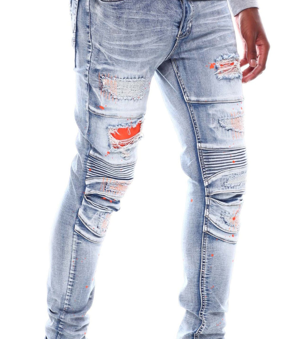 PAINT SPLATTER MOTO JEANS (SF1641 LT BLUE)