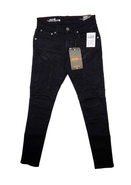 MEN'S COPPER RIVET SLIM FIT ENGINEERING DENIM JEANS (BLACK)