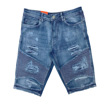 ONE CULTURE MOTTO DENIM RIPPED SHORTS (BLUE)