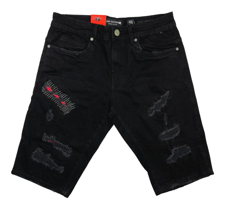 ONE CULTURE DISTRESSED EMBROIDERED DENIM SHORTS (BLACK/RED)